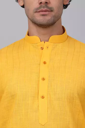 Men yellow cotton linen striped kurta
