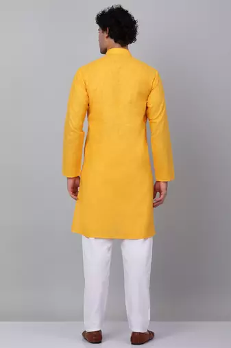 Men yellow cotton linen striped kurta