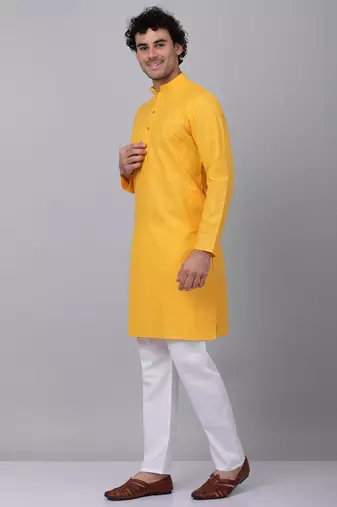 Men yellow cotton linen striped kurta