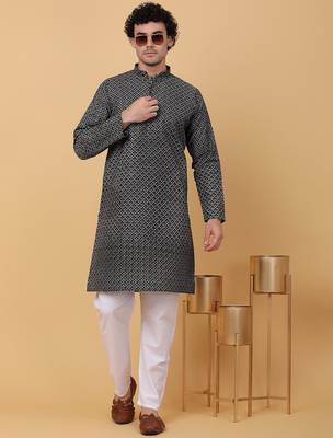 Men black cotton floral printed kurta 1