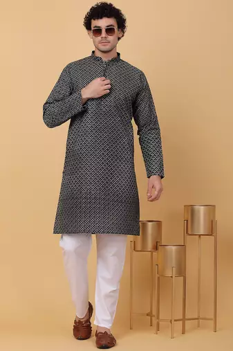 Men black cotton floral printed kurta
