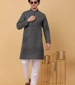 Men black cotton floral printed kurta