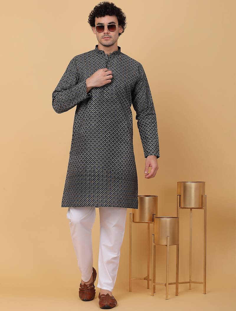 Men black cotton floral printed kurta