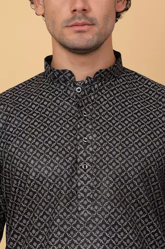Men black cotton floral printed kurta