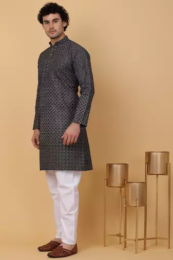 Men black cotton floral printed kurta