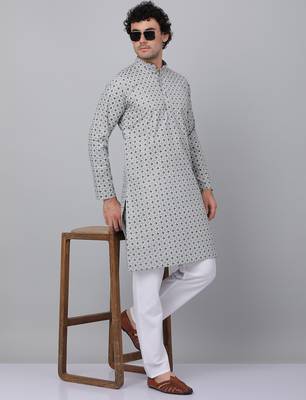 Men grey cotton floral printed kurta 1