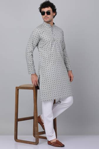 Men grey cotton floral printed kurta