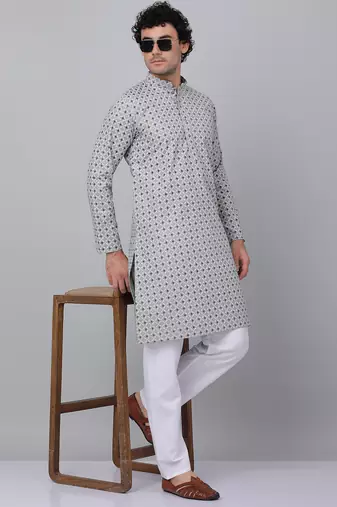 Men grey cotton floral printed kurta