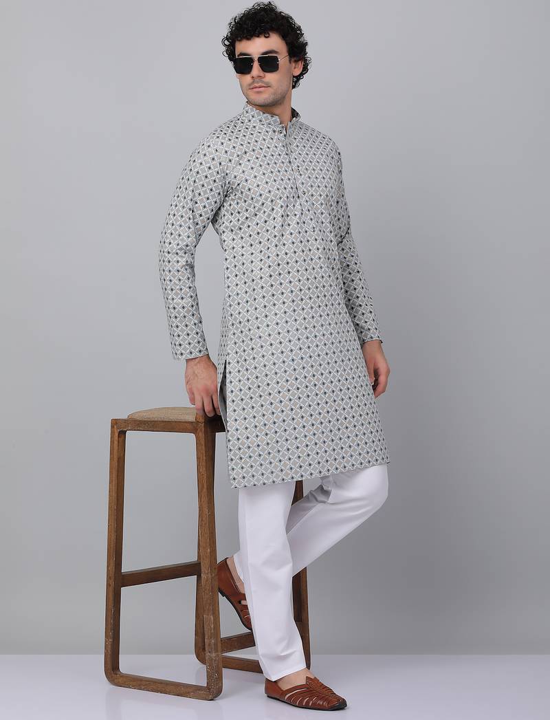 Men grey cotton floral printed kurta