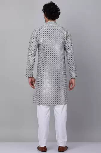 Men grey cotton floral printed kurta