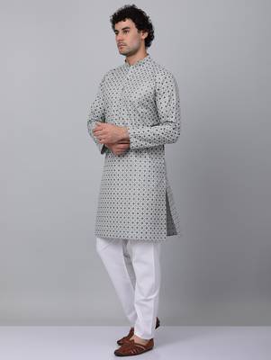 Men grey cotton floral printed kurta 4