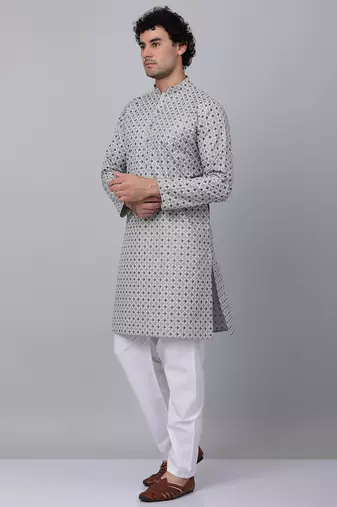 Men grey cotton floral printed kurta