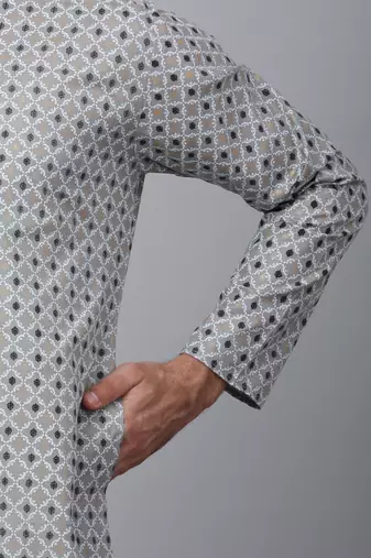 Men grey cotton floral printed kurta