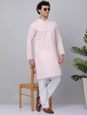 Men pink cotton floral printed kurta 1