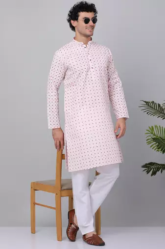 Men pink cotton floral printed kurta
