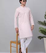 Men pink cotton floral printed kurta