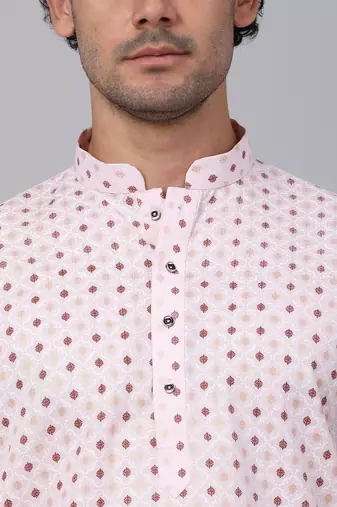 Men pink cotton floral printed kurta