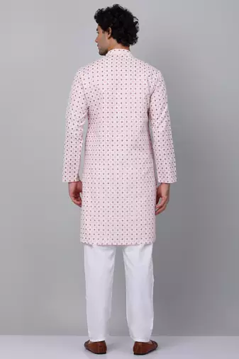 Men pink cotton floral printed kurta