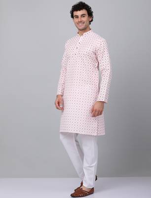 Men pink cotton floral printed kurta 5