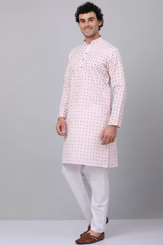 Men pink cotton floral printed kurta