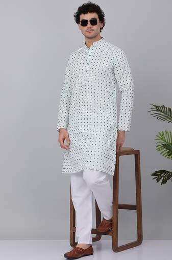 Men sea White cotton floral printed kurta