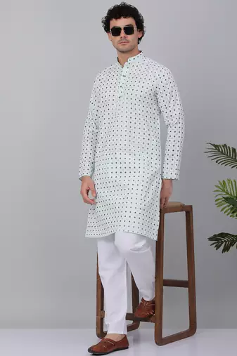 Men sea White cotton floral printed kurta
