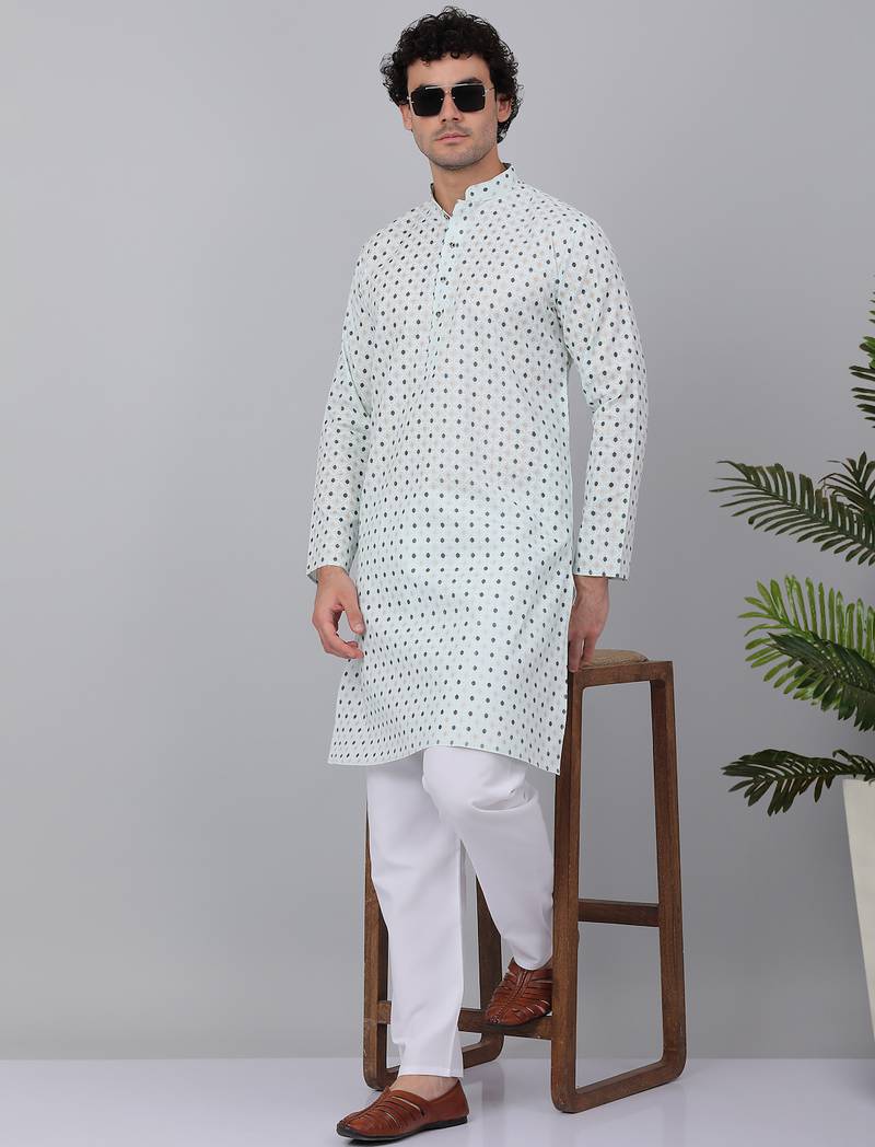 Men sea White cotton floral printed kurta