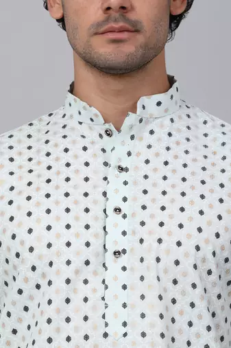Men sea White cotton floral printed kurta