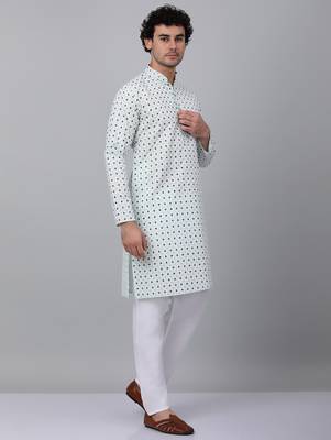 Men sea White cotton floral printed kurta 5