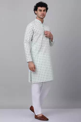 Men sea White cotton floral printed kurta
