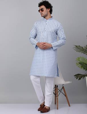 Men sky blue cotton floral printed kurta 1