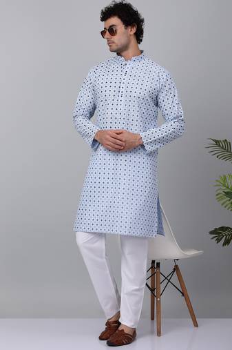 Men sky blue cotton floral printed kurta