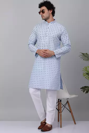 Men sky blue cotton floral printed kurta