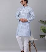 Men sky blue cotton floral printed kurta