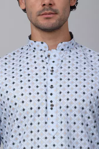 Men sky blue cotton floral printed kurta