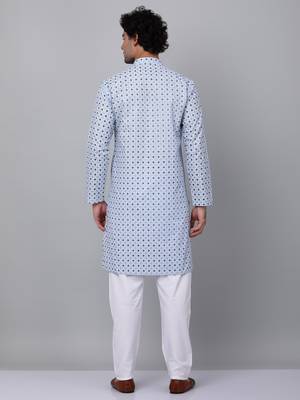 Men sky blue cotton floral printed kurta 3