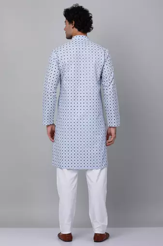 Men sky blue cotton floral printed kurta