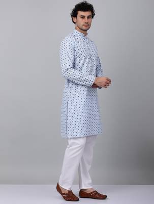 Men sky blue cotton floral printed kurta 5