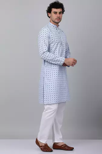 Men sky blue cotton floral printed kurta