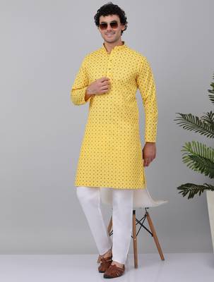 Men yellow cotton floral printed kurta 1