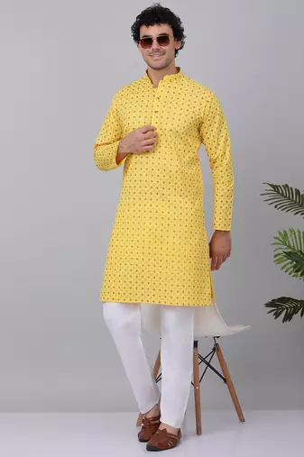 Men yellow cotton floral printed kurta