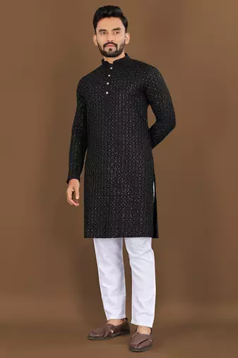 Black embroidery work with sequence men's kurta and Pyjamas for Mens