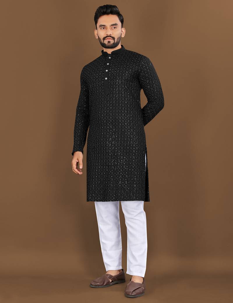 Black embroidery work with sequence men's kurta and Pyjamas for Mens