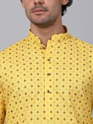 Men yellow cotton floral printed kurta 2