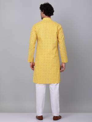 Men yellow cotton floral printed kurta 3