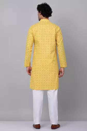Men yellow cotton floral printed kurta