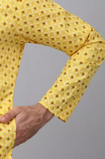 Men yellow cotton floral printed kurta