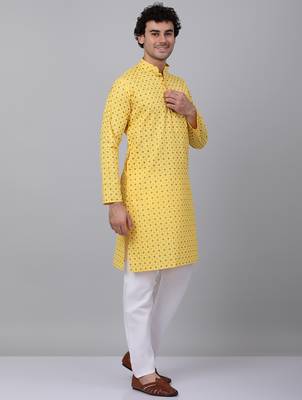 Men yellow cotton floral printed kurta 5