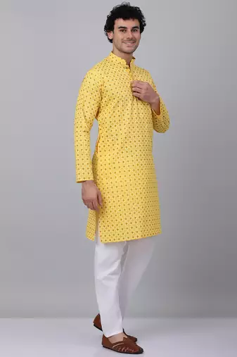 Men yellow cotton floral printed kurta