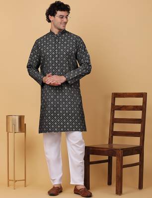 Men black cotton ethnic printed kurta 1